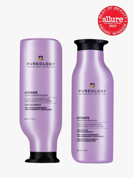 shampoo and conditioner duo in branded purple bottles with black caps on light gray background with red and white 2024 allure best of beauty seal