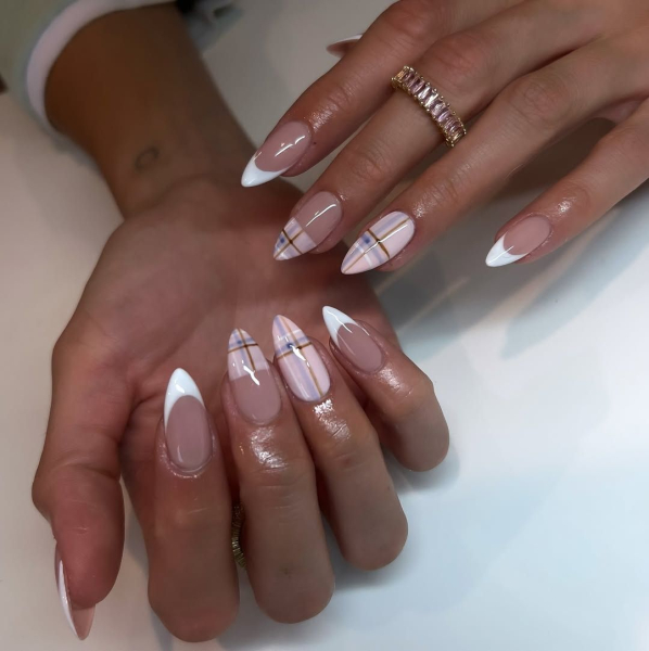 Pink and white plaid nails
