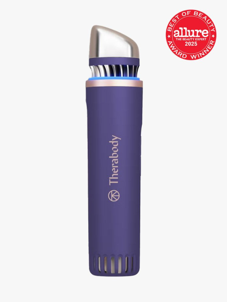Therabody TheraFace Depuffing Wand in branded component on a light gray background with best of beauty 2025 seal in the top right corner