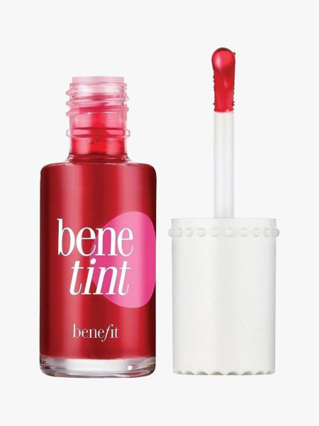 Open tube of Benefit Cosmetics Benetint in Rose on light gray background