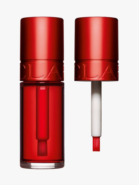 Clarins Water Lip Stain red vial of lip stain on light gray background