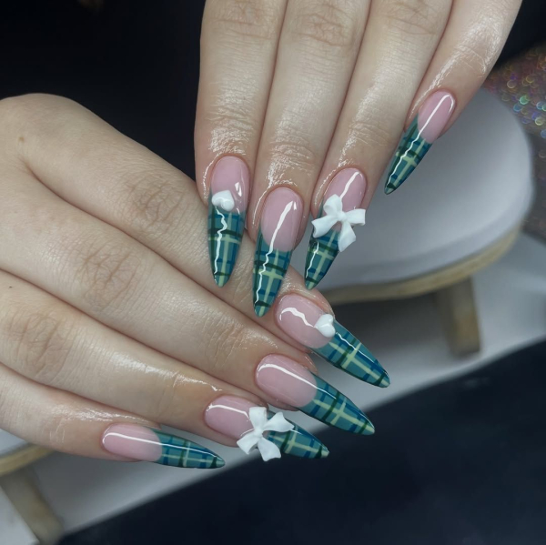 Green plaid nail art on French tips