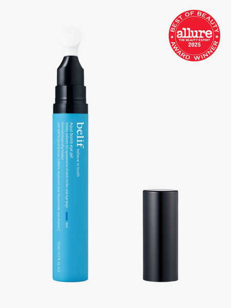 belif Aqua Bomb Eye Gel in branded blue tube with under eye applicator tip on light gray background with red Allure Best of Beauty seal in the top right corner