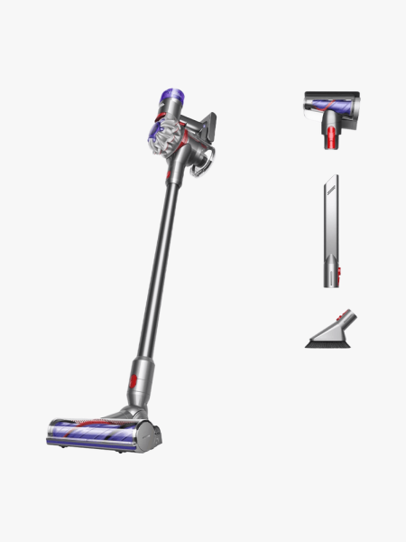 Dyson V8 Plus Cordless Vacuum in branded silver and purple components on a light gray background