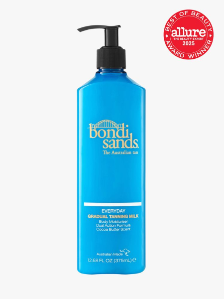 Bondi Sands Everyday Gradual Tanning Milk in branded blue bottle with black pump on light gray background with red Allure Best of Beauty seal in the top right corner