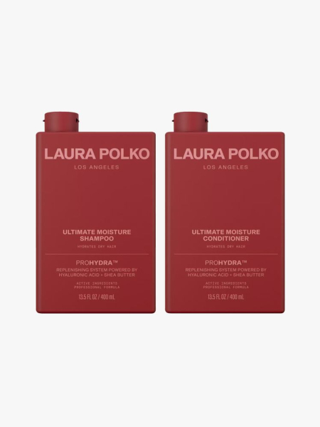 Laura Polko Ultimate Moisture Shampoo and Conditioner in branded components on a light gray background