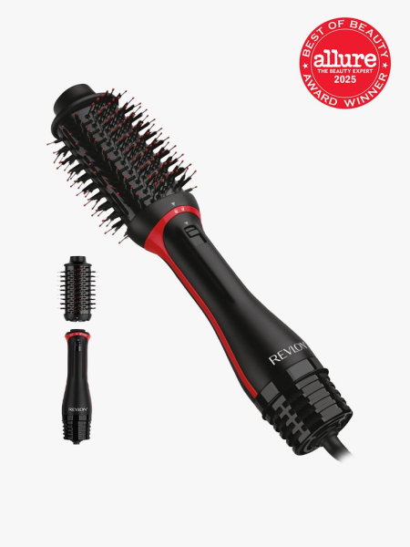 Revlon One Step Volumizer PLUS Hair Dryer in branded component on a light gray background with best of beauty 2025 seal in the top right corner