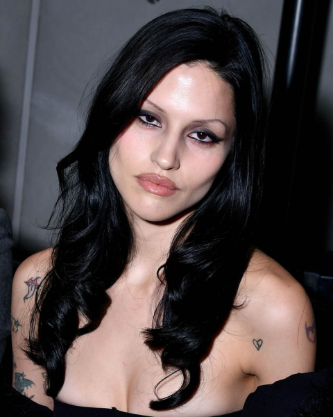 model gabriette with gray eye shadow and black winged eyeliner  goth makeup inspiration