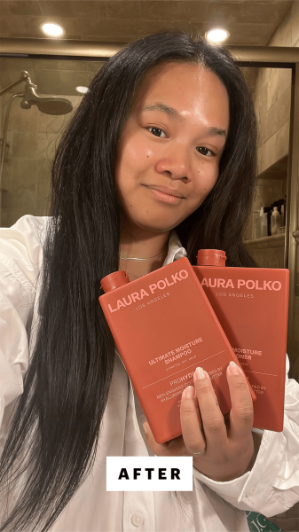 A selfie of Allure senior editor Jesa Marie Calaor after washing her hair with Laura Polko Ultimate Moisture Shampoo and...