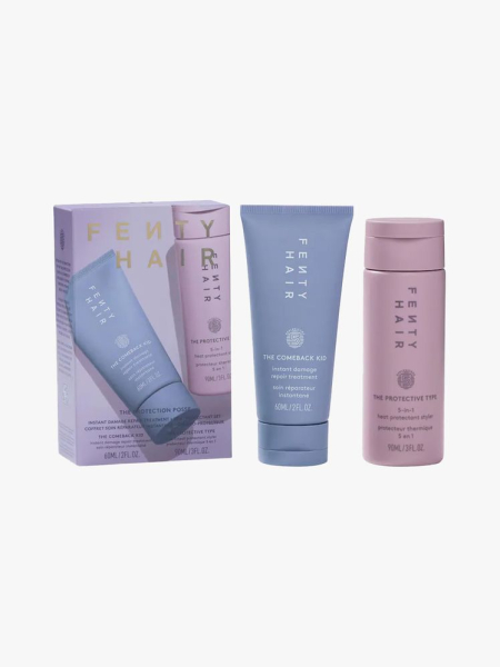 Fenty Beauty by Rihanna The Protection Posse Instant Damage Repair Treatment + Heat Protectant Set in branded components on a light gray background