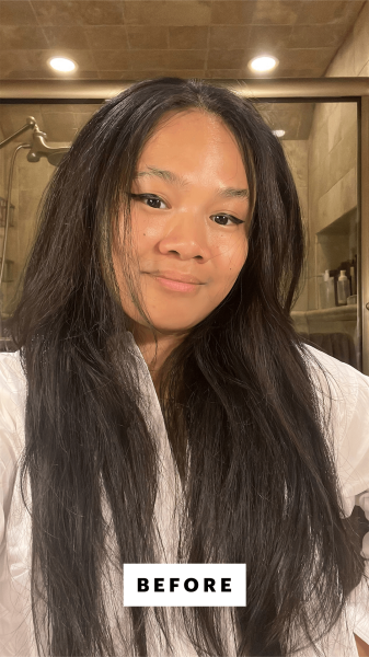 A selfie of Allure senior editor Jesa Marie Calaor before washing her hair with Laura Polko Ultimate Moisture Shampoo...